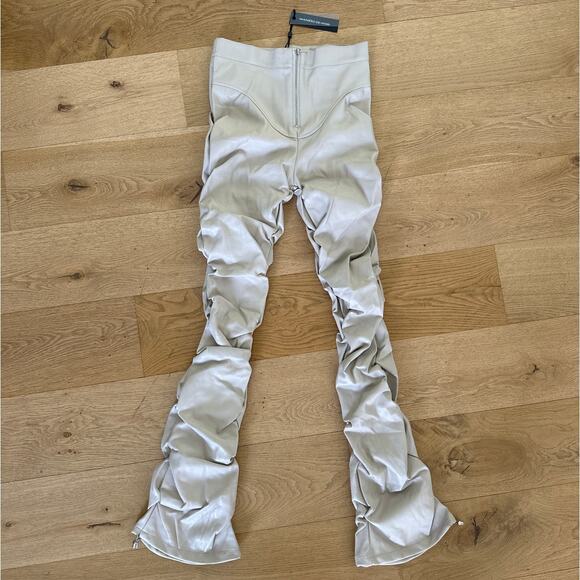 Maniere De Voir - Tacked Faux Leather Flared Trousers in Beige